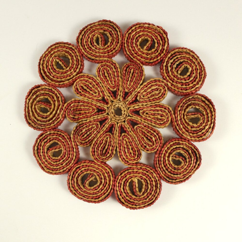 Vintage Raffia Potholder Woven Floral Design Red and Tan
